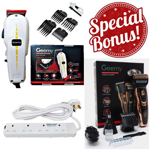 Geemy Professional Barbering Hair/Shaving Machine-Kinyozi & 4 Way Power Extension Cable & Rechargeable Smart 3 in 1 Hair Clipper/Trimmer