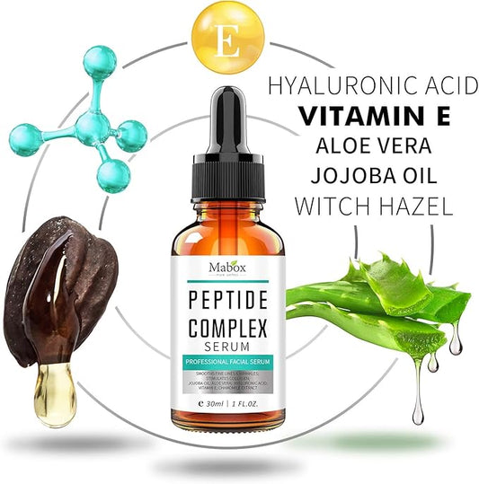 Peptide Complex Serum - Mabox Hydrating, Firming, Anti Aging Serum, Natural & Organic Facial Skin Care Serum Nourishes Your Face, Reduces Wrinkles, Boosts Collagen - 1 FL OZ