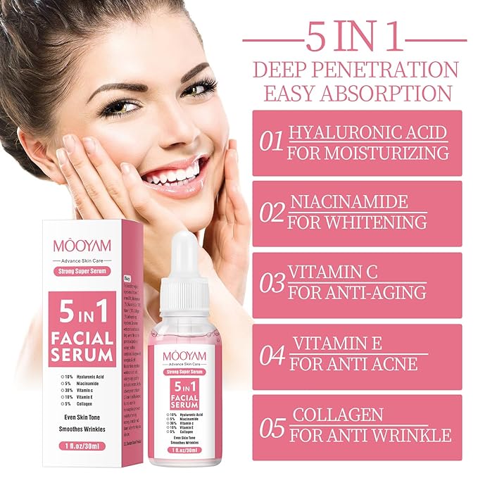 5 In 1 Vitamin C Face Serum for Women, Hyaluronic Acid, Vitamin E & Collagen Serum for Face, Dark Spot & Anti Wrinkle & Moisturizer Facial Serum, 30% Vit C Oil Serums (30ml)