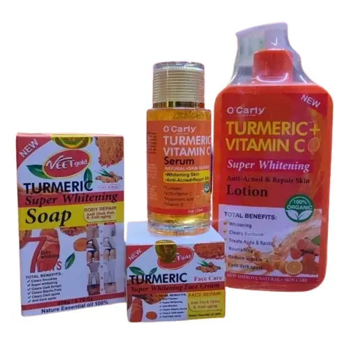 Ocarly Turmeric + Vitamin C Super Whitening Lotion + Serum and Veet Gold Face Cream + Soap Brightens Skin, Evens Tone, Hydrates, Firms, Soothes, Deep Cleanses, Reduces Fine Lines, And Nourishes